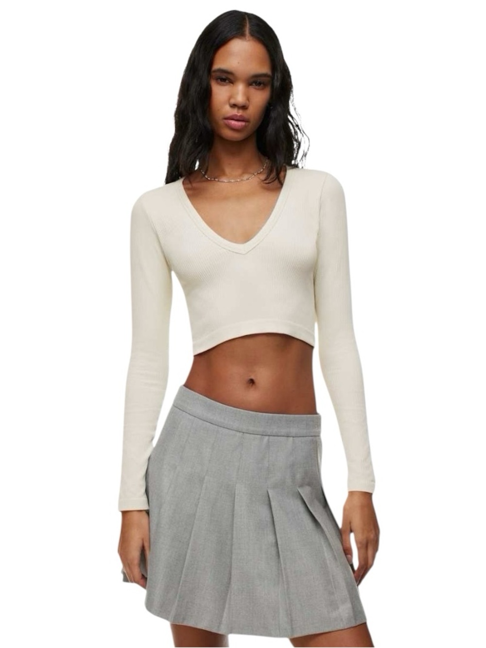 SUNDAY BEST Petra Cream Ribbed V-Neck Long-Sleeve Crop Top